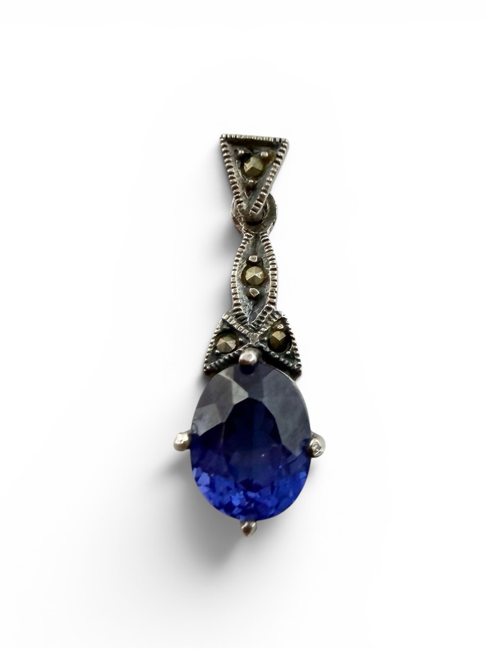 Vintage Oval Blue Sapphire CZ Marcasite Sterling Silver 925 Pendant Signed CW